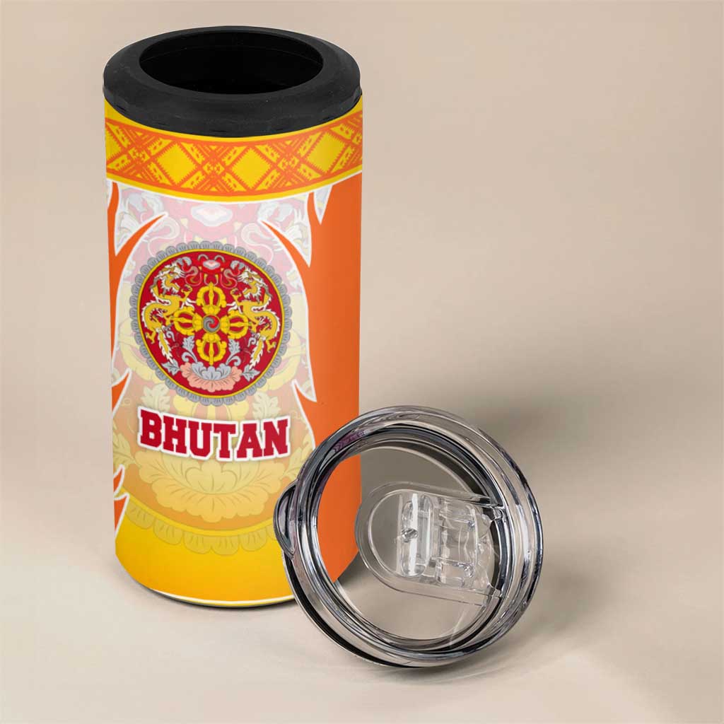 Bhutan Mandala Emblem 4 in 1 Can Cooler Tumbler with Monastic Orange and Spiritual Harmony