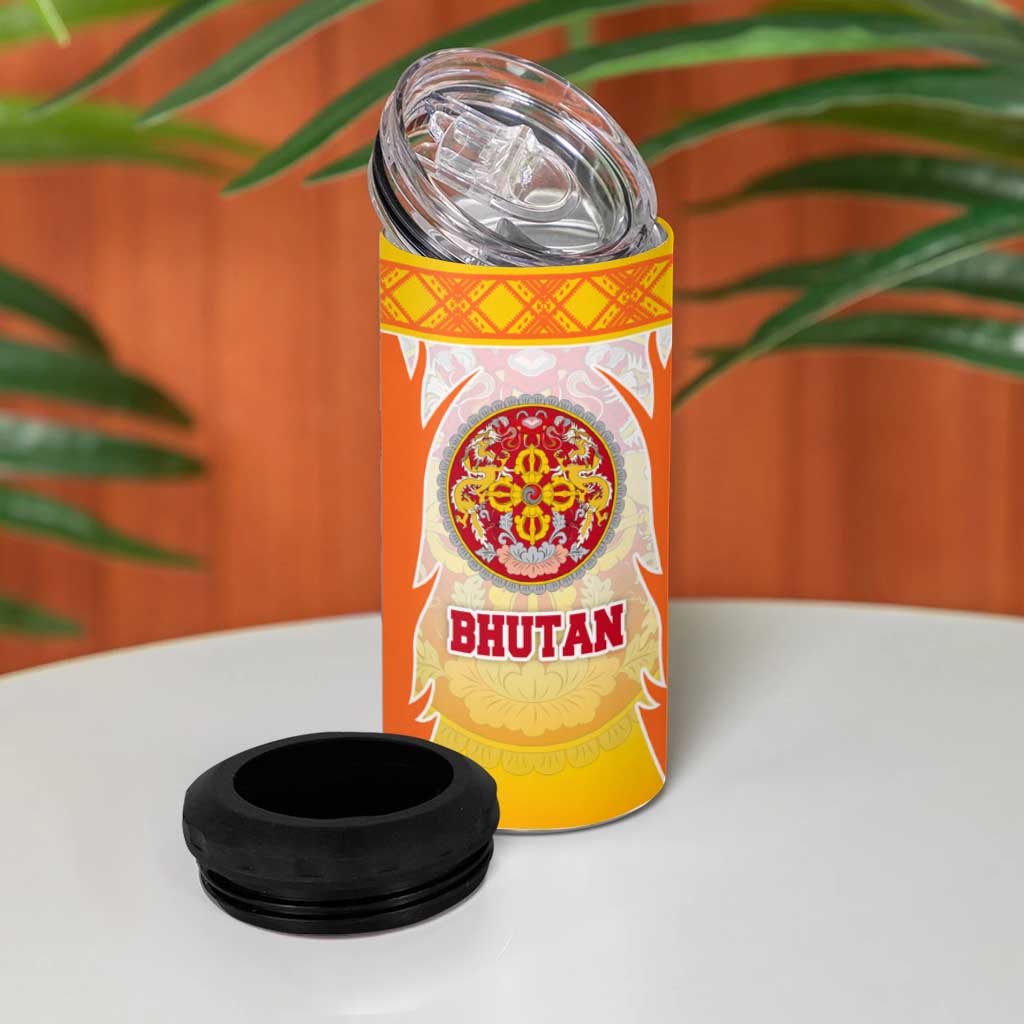 Bhutan Mandala Emblem 4 in 1 Can Cooler Tumbler with Monastic Orange and Spiritual Harmony