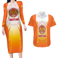 Bhutan Mandala Emblem Couples Matching Long Sleeve Bodycon Dress and Hawaiian Shirt with Monastic Orange and Spiritual Harmony