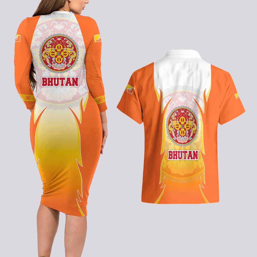 Bhutan Mandala Emblem Couples Matching Long Sleeve Bodycon Dress and Hawaiian Shirt with Monastic Orange and Spiritual Harmony