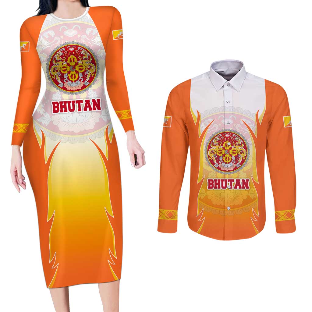 Bhutan Mandala Emblem Couples Matching Long Sleeve Bodycon Dress and Long Sleeve Button Shirt with Monastic Orange and Spiritual Harmony
