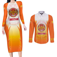 Bhutan Mandala Emblem Couples Matching Long Sleeve Bodycon Dress and Long Sleeve Button Shirt with Monastic Orange and Spiritual Harmony