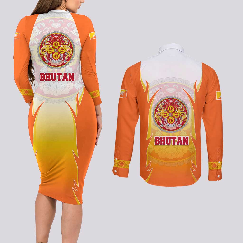 Bhutan Mandala Emblem Couples Matching Long Sleeve Bodycon Dress and Long Sleeve Button Shirt with Monastic Orange and Spiritual Harmony