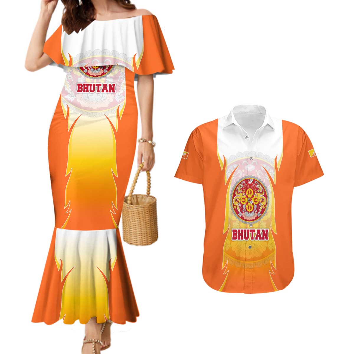 Bhutan Mandala Emblem Couples Matching Mermaid Dress and Hawaiian Shirt with Monastic Orange and Spiritual Harmony