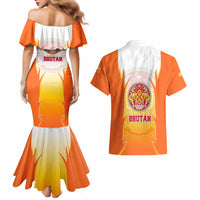 Bhutan Mandala Emblem Couples Matching Mermaid Dress and Hawaiian Shirt with Monastic Orange and Spiritual Harmony