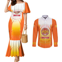 Bhutan Mandala Emblem Couples Matching Mermaid Dress and Long Sleeve Button Shirt with Monastic Orange and Spiritual Harmony