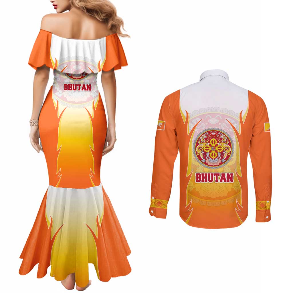 Bhutan Mandala Emblem Couples Matching Mermaid Dress and Long Sleeve Button Shirt with Monastic Orange and Spiritual Harmony