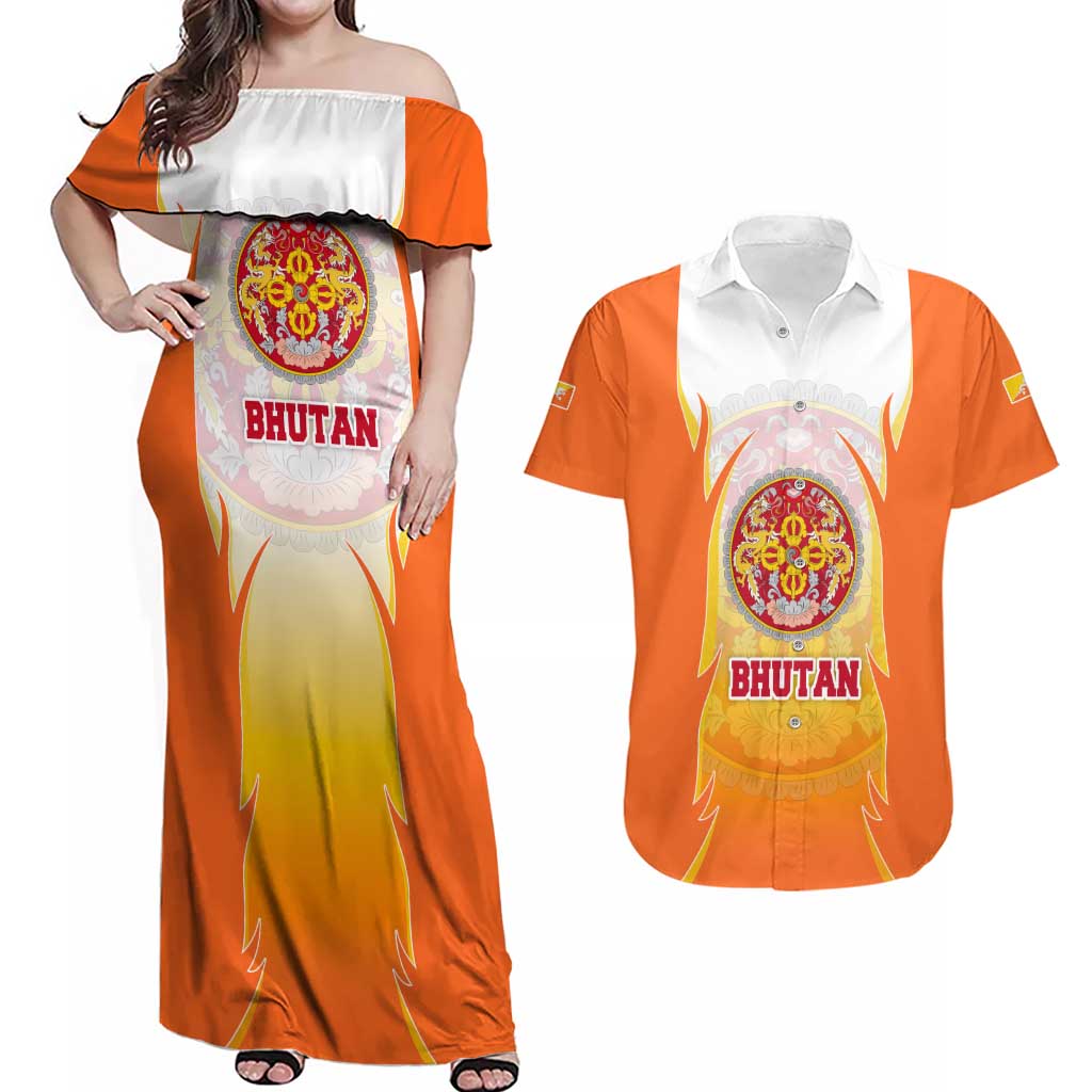 Bhutan Mandala Emblem Couples Matching Off Shoulder Maxi Dress and Hawaiian Shirt with Monastic Orange and Spiritual Harmony