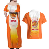 Bhutan Mandala Emblem Couples Matching Off Shoulder Maxi Dress and Hawaiian Shirt with Monastic Orange and Spiritual Harmony