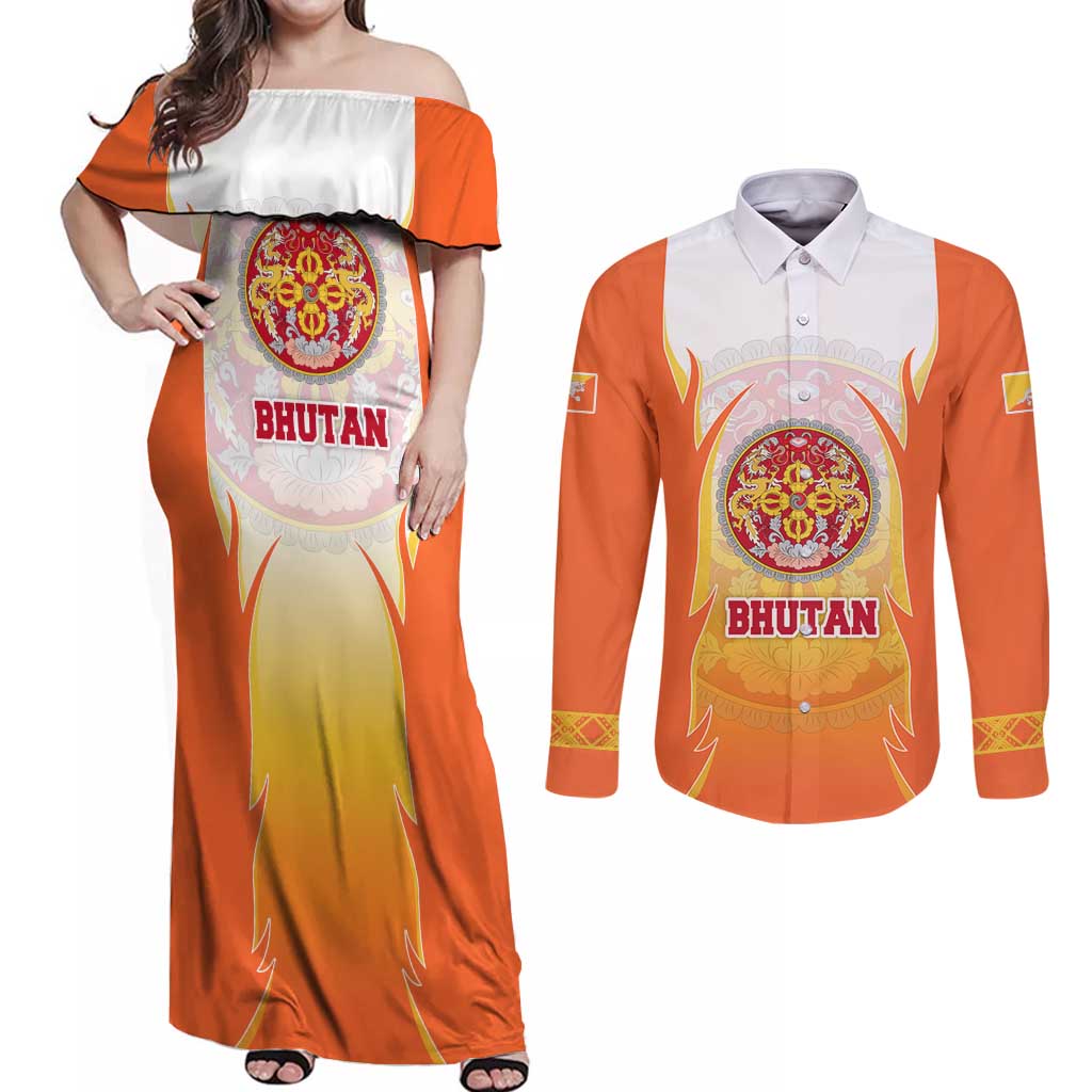 Bhutan Mandala Emblem Couples Matching Off Shoulder Maxi Dress and Long Sleeve Button Shirt with Monastic Orange and Spiritual Harmony