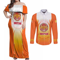 Bhutan Mandala Emblem Couples Matching Off Shoulder Maxi Dress and Long Sleeve Button Shirt with Monastic Orange and Spiritual Harmony