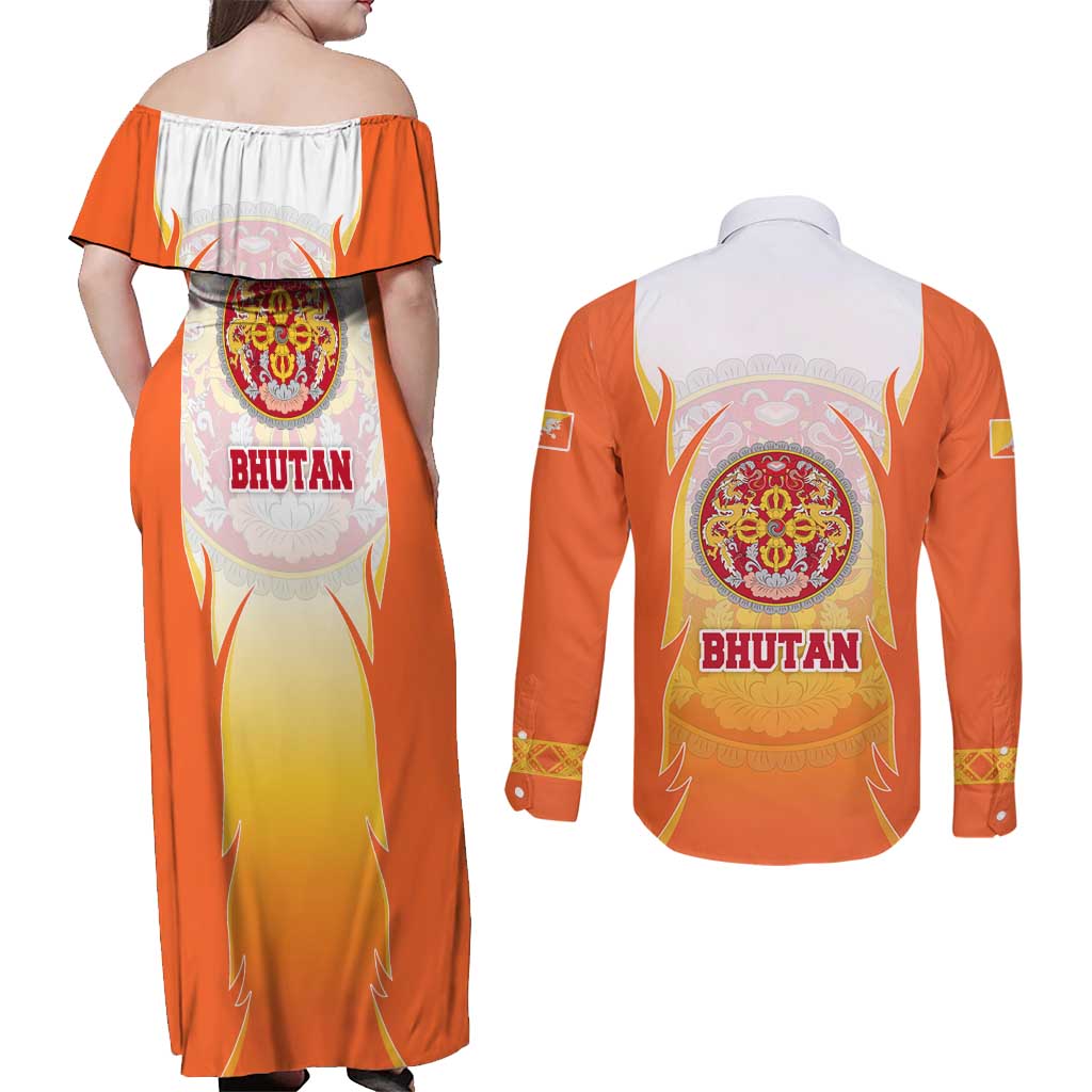 Bhutan Mandala Emblem Couples Matching Off Shoulder Maxi Dress and Long Sleeve Button Shirt with Monastic Orange and Spiritual Harmony