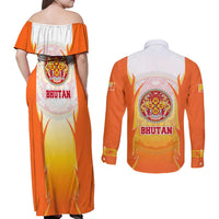 Bhutan Mandala Emblem Couples Matching Off Shoulder Maxi Dress and Long Sleeve Button Shirt with Monastic Orange and Spiritual Harmony