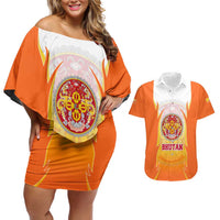 Bhutan Mandala Emblem Couples Matching Off Shoulder Short Dress and Hawaiian Shirt with Monastic Orange and Spiritual Harmony