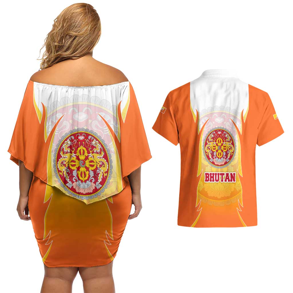 Bhutan Mandala Emblem Couples Matching Off Shoulder Short Dress and Hawaiian Shirt with Monastic Orange and Spiritual Harmony