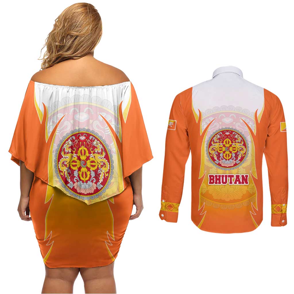 Bhutan Mandala Emblem Couples Matching Off Shoulder Short Dress and Long Sleeve Button Shirt with Monastic Orange and Spiritual Harmony