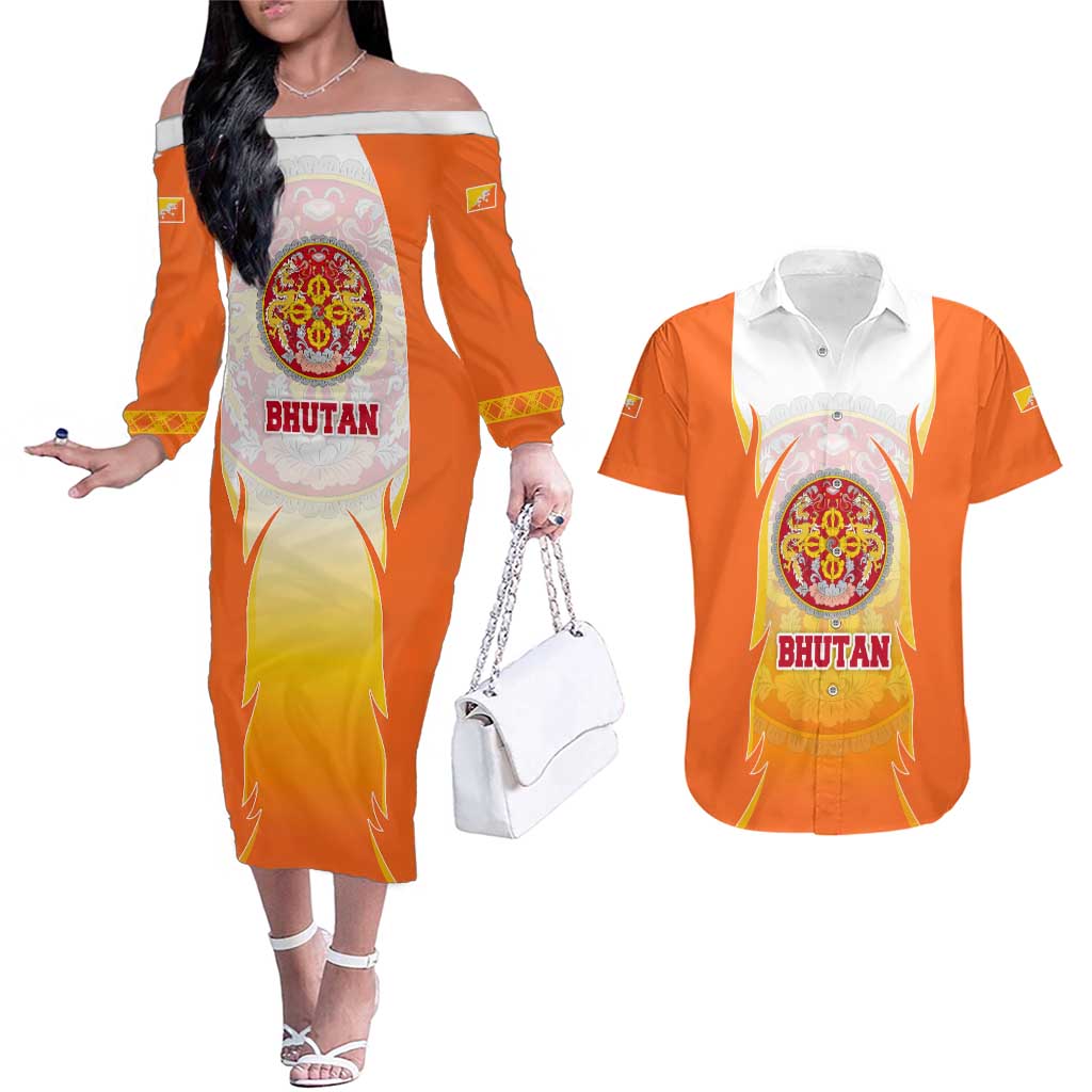 Bhutan Mandala Emblem Couples Matching Off The Shoulder Long Sleeve Dress and Hawaiian Shirt with Monastic Orange and Spiritual Harmony