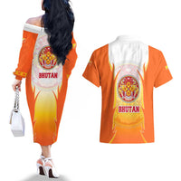 Bhutan Mandala Emblem Couples Matching Off The Shoulder Long Sleeve Dress and Hawaiian Shirt with Monastic Orange and Spiritual Harmony