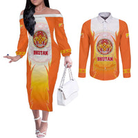 Bhutan Mandala Emblem Couples Matching Off The Shoulder Long Sleeve Dress and Long Sleeve Button Shirt with Monastic Orange and Spiritual Harmony