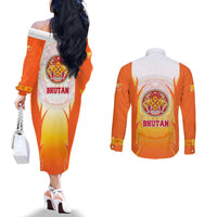 Bhutan Mandala Emblem Couples Matching Off The Shoulder Long Sleeve Dress and Long Sleeve Button Shirt with Monastic Orange and Spiritual Harmony