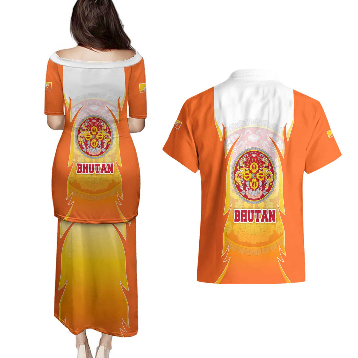 Bhutan Mandala Emblem Couples Matching Puletasi and Hawaiian Shirt with Monastic Orange and Spiritual Harmony