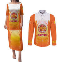 Bhutan Mandala Emblem Couples Matching Puletasi and Long Sleeve Button Shirt with Monastic Orange and Spiritual Harmony
