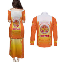 Bhutan Mandala Emblem Couples Matching Puletasi and Long Sleeve Button Shirt with Monastic Orange and Spiritual Harmony