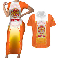 Bhutan Mandala Emblem Couples Matching Short Sleeve Bodycon Dress and Hawaiian Shirt with Monastic Orange and Spiritual Harmony