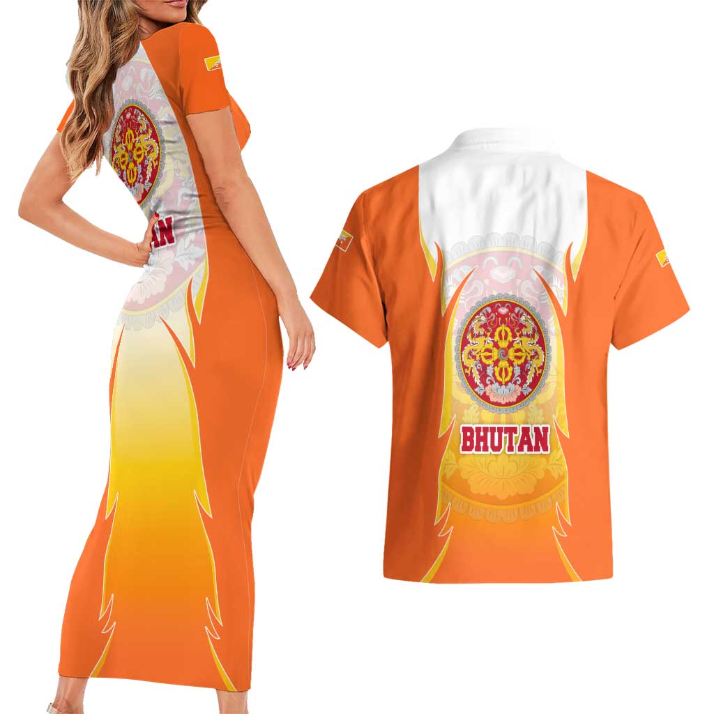 Bhutan Mandala Emblem Couples Matching Short Sleeve Bodycon Dress and Hawaiian Shirt with Monastic Orange and Spiritual Harmony
