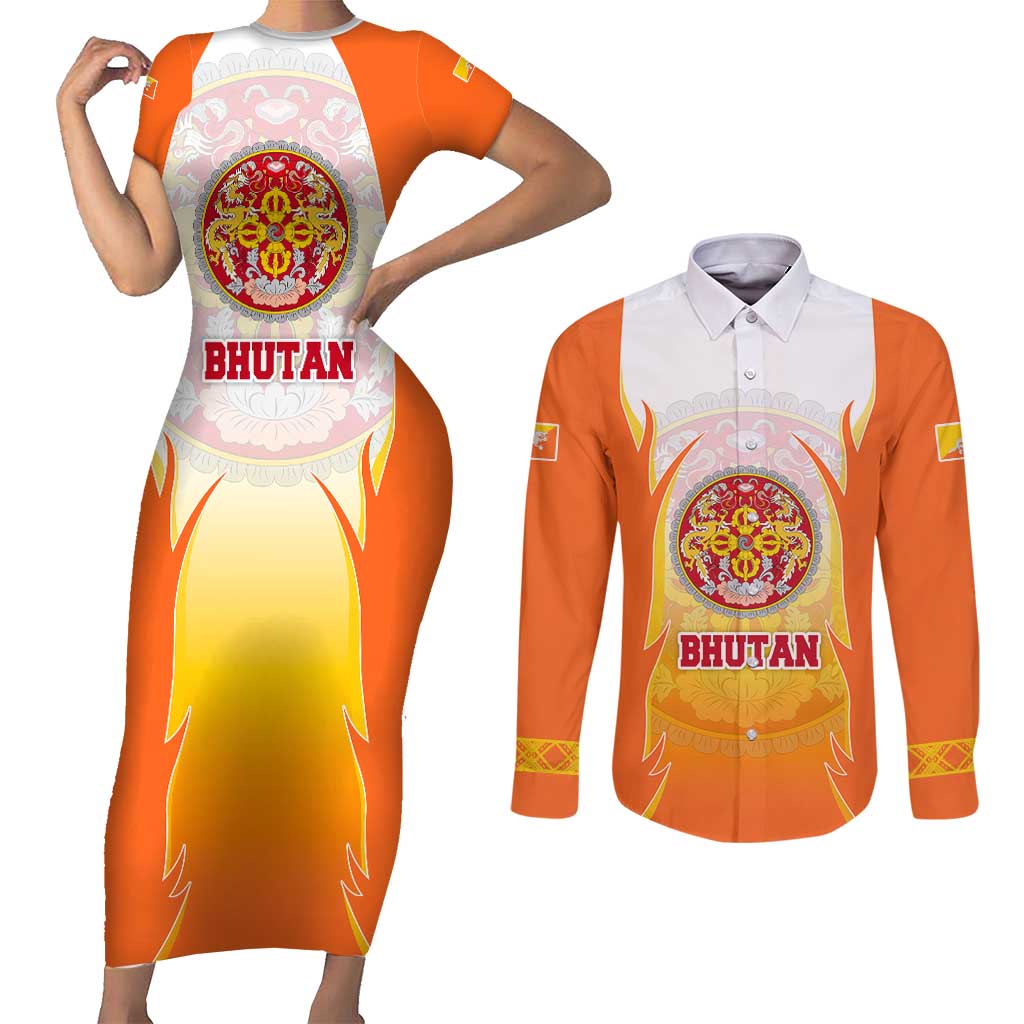Bhutan Mandala Emblem Couples Matching Short Sleeve Bodycon Dress and Long Sleeve Button Shirt with Monastic Orange and Spiritual Harmony