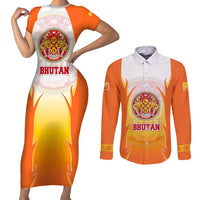 Bhutan Mandala Emblem Couples Matching Short Sleeve Bodycon Dress and Long Sleeve Button Shirt with Monastic Orange and Spiritual Harmony