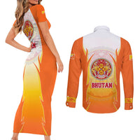 Bhutan Mandala Emblem Couples Matching Short Sleeve Bodycon Dress and Long Sleeve Button Shirt with Monastic Orange and Spiritual Harmony