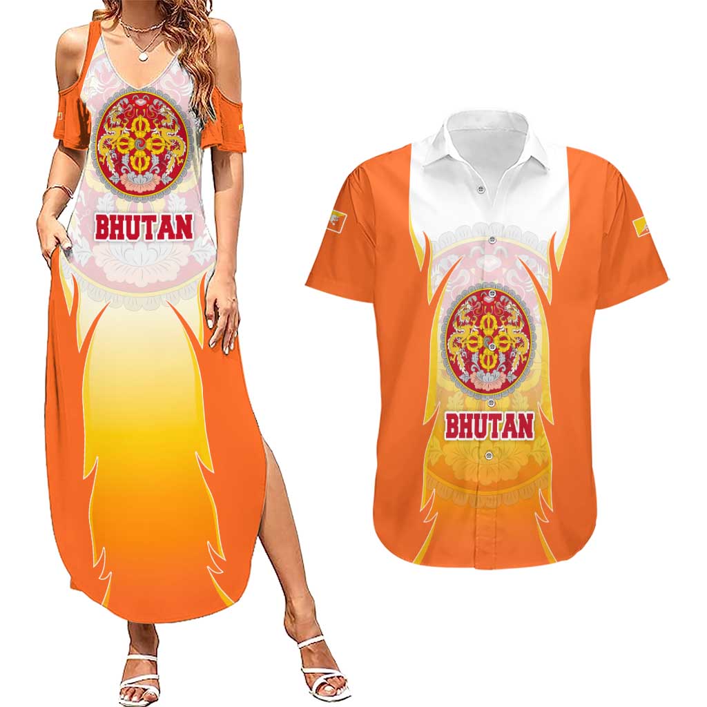 Bhutan Mandala Emblem Couples Matching Summer Maxi Dress and Hawaiian Shirt with Monastic Orange and Spiritual Harmony