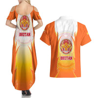 Bhutan Mandala Emblem Couples Matching Summer Maxi Dress and Hawaiian Shirt with Monastic Orange and Spiritual Harmony