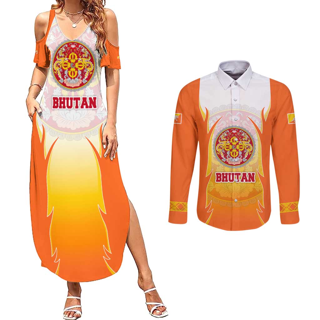 Bhutan Mandala Emblem Couples Matching Summer Maxi Dress and Long Sleeve Button Shirt with Monastic Orange and Spiritual Harmony