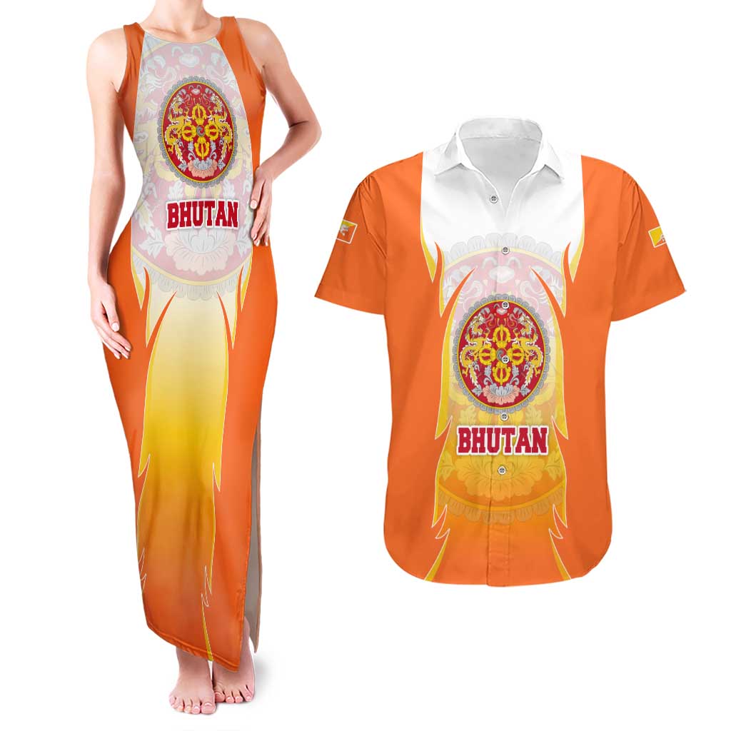 Bhutan Mandala Emblem Couples Matching Tank Maxi Dress and Hawaiian Shirt with Monastic Orange and Spiritual Harmony