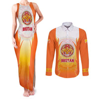 Bhutan Mandala Emblem Couples Matching Tank Maxi Dress and Long Sleeve Button Shirt with Monastic Orange and Spiritual Harmony
