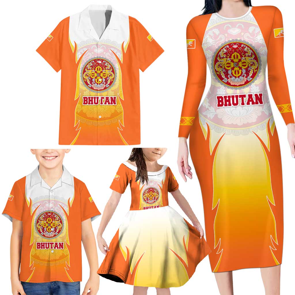 Bhutan Mandala Emblem Family Matching Long Sleeve Bodycon Dress and Hawaiian Shirt with Monastic Orange and Spiritual Harmony