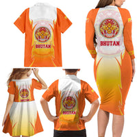 Bhutan Mandala Emblem Family Matching Long Sleeve Bodycon Dress and Hawaiian Shirt with Monastic Orange and Spiritual Harmony