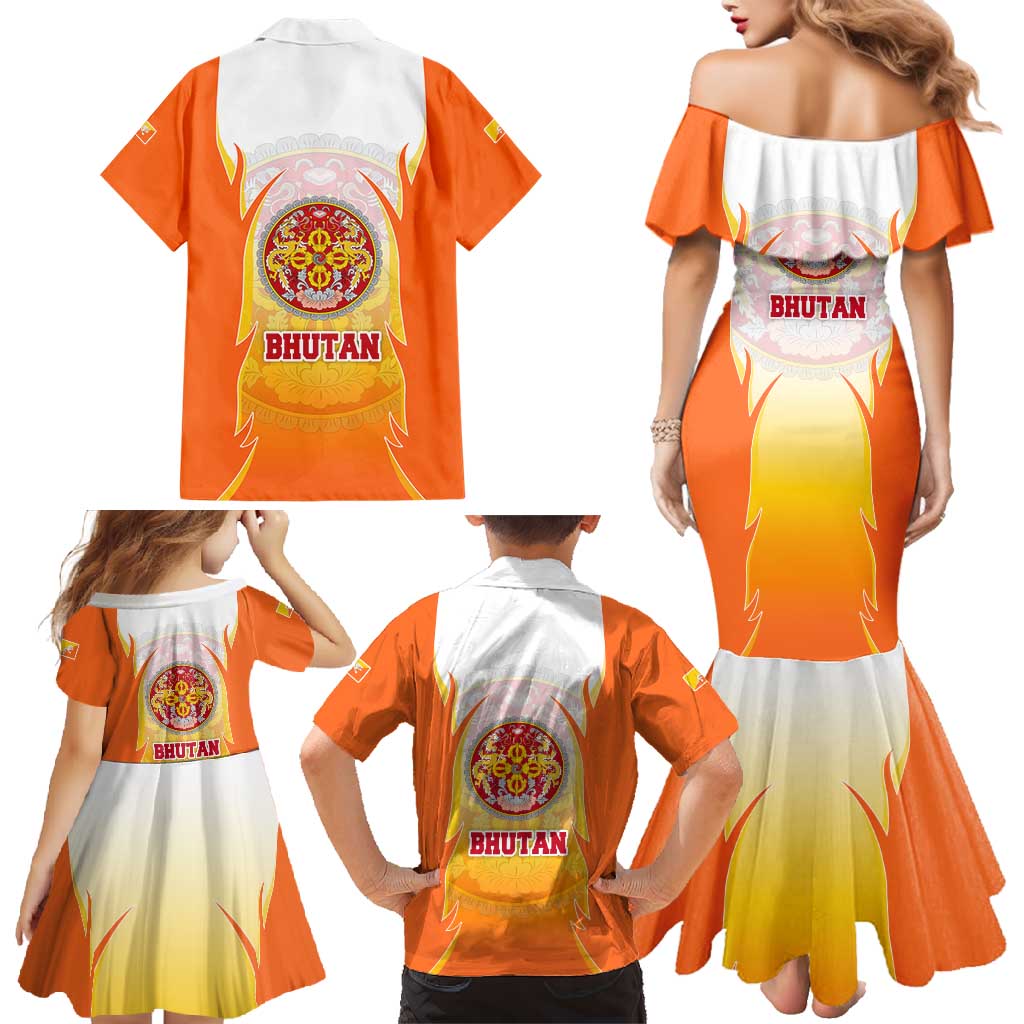 Bhutan Mandala Emblem Family Matching Mermaid Dress and Hawaiian Shirt with Monastic Orange and Spiritual Harmony