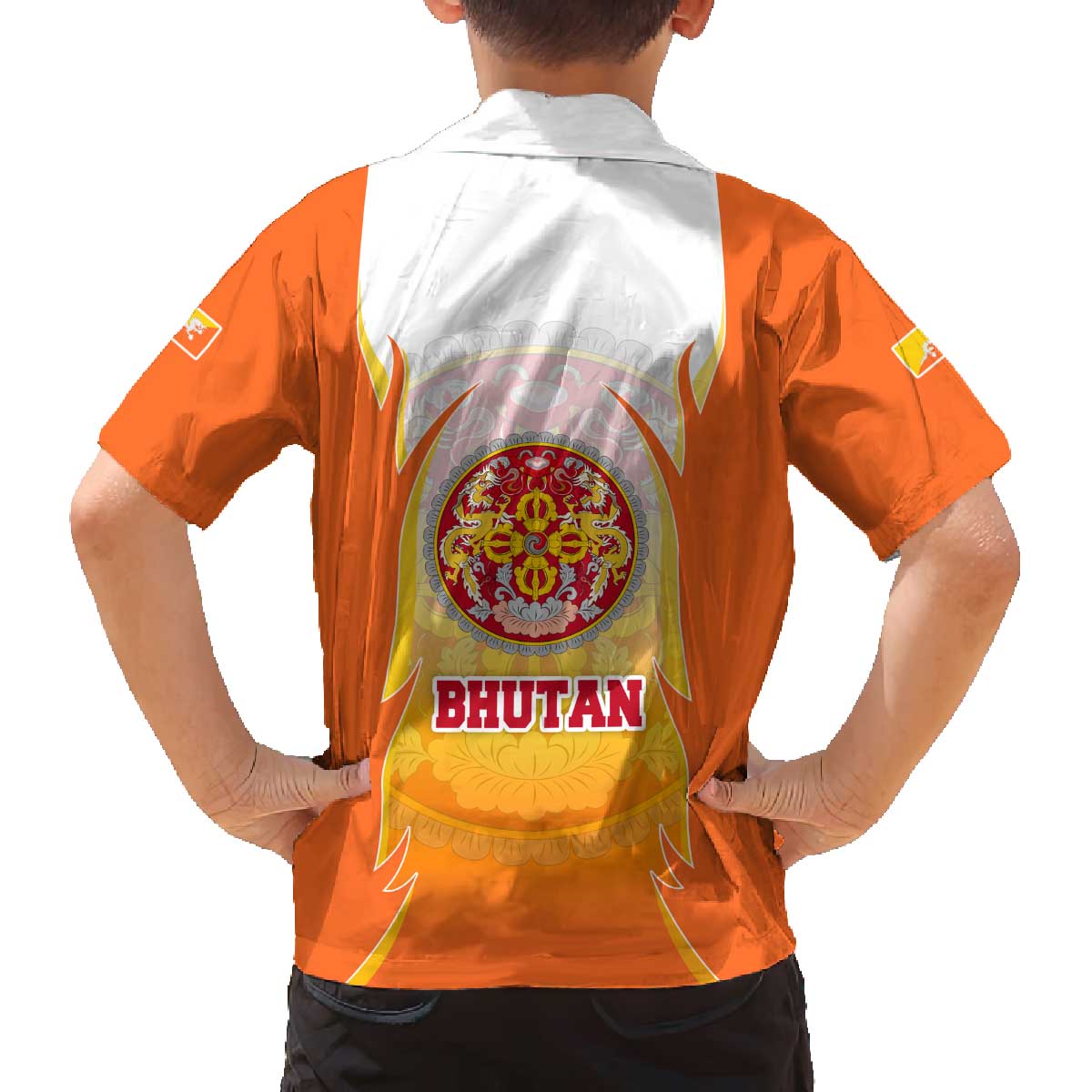 Bhutan Mandala Emblem Family Matching Off The Shoulder Long Sleeve Dress and Hawaiian Shirt with Monastic Orange and Spiritual Harmony