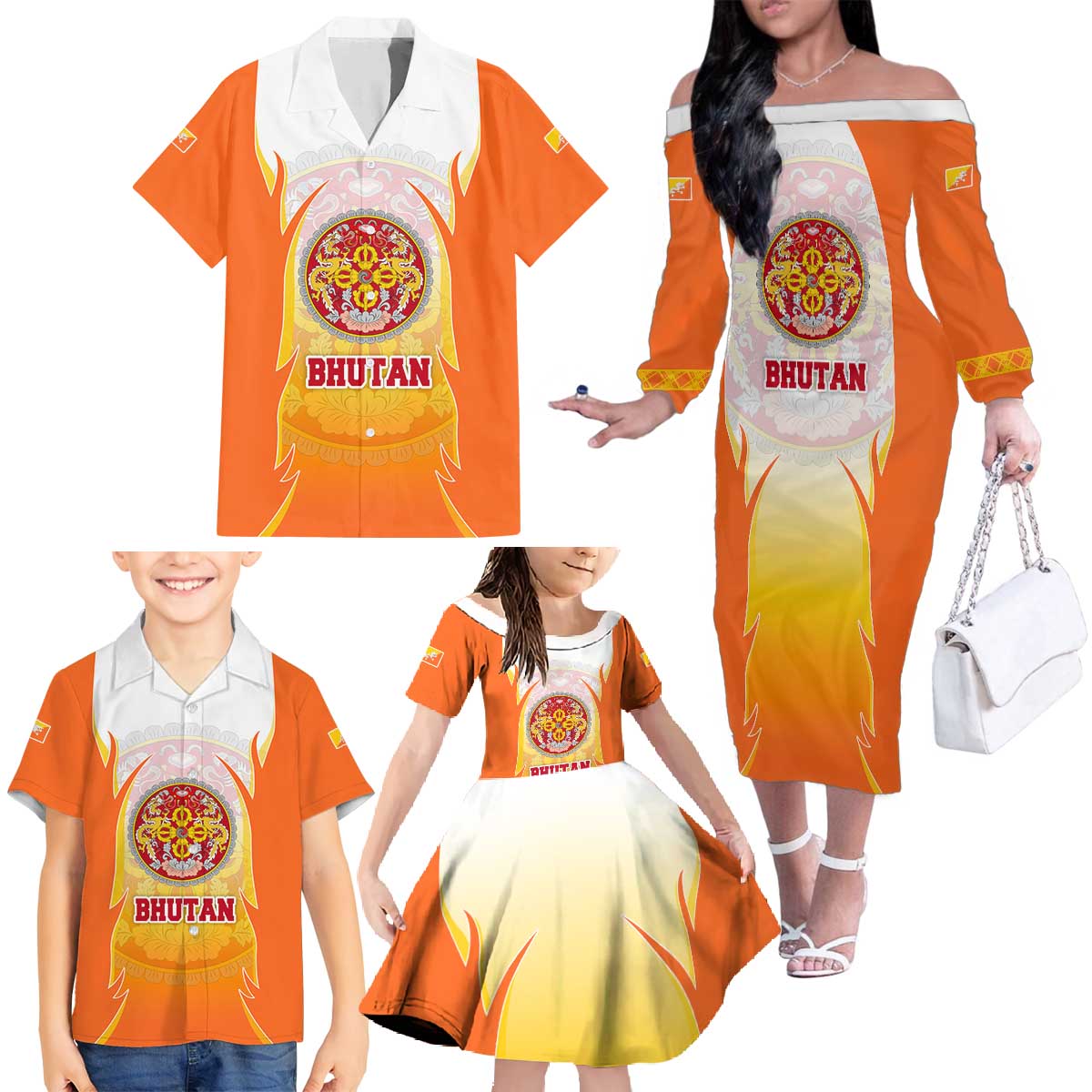 Bhutan Mandala Emblem Family Matching Off The Shoulder Long Sleeve Dress and Hawaiian Shirt with Monastic Orange and Spiritual Harmony