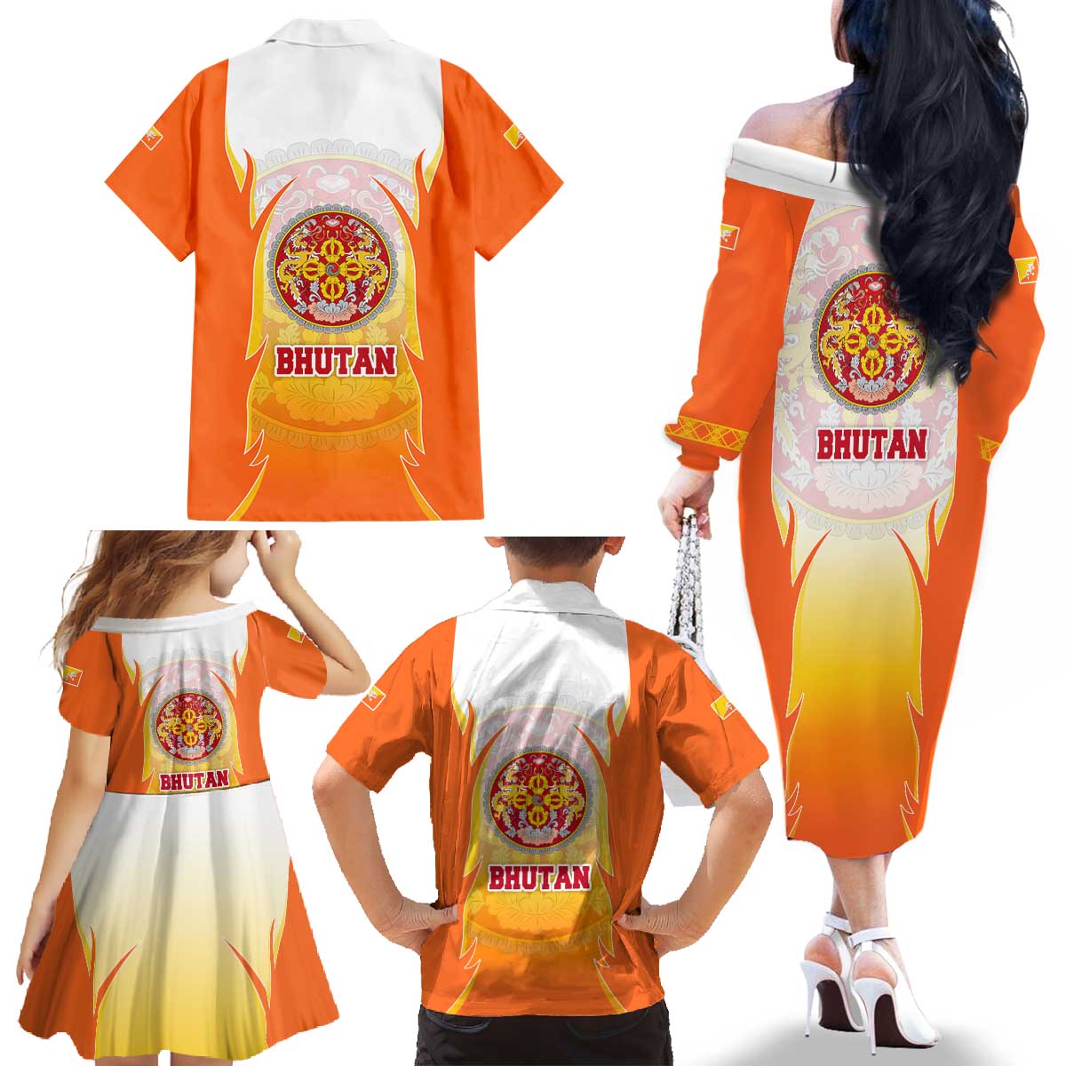 Bhutan Mandala Emblem Family Matching Off The Shoulder Long Sleeve Dress and Hawaiian Shirt with Monastic Orange and Spiritual Harmony