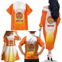Bhutan Mandala Emblem Family Matching Off The Shoulder Long Sleeve Dress and Hawaiian Shirt with Monastic Orange and Spiritual Harmony