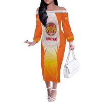 Bhutan Mandala Emblem Family Matching Off The Shoulder Long Sleeve Dress and Hawaiian Shirt with Monastic Orange and Spiritual Harmony