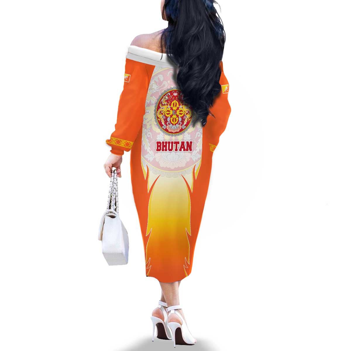 Bhutan Mandala Emblem Family Matching Off The Shoulder Long Sleeve Dress and Hawaiian Shirt with Monastic Orange and Spiritual Harmony