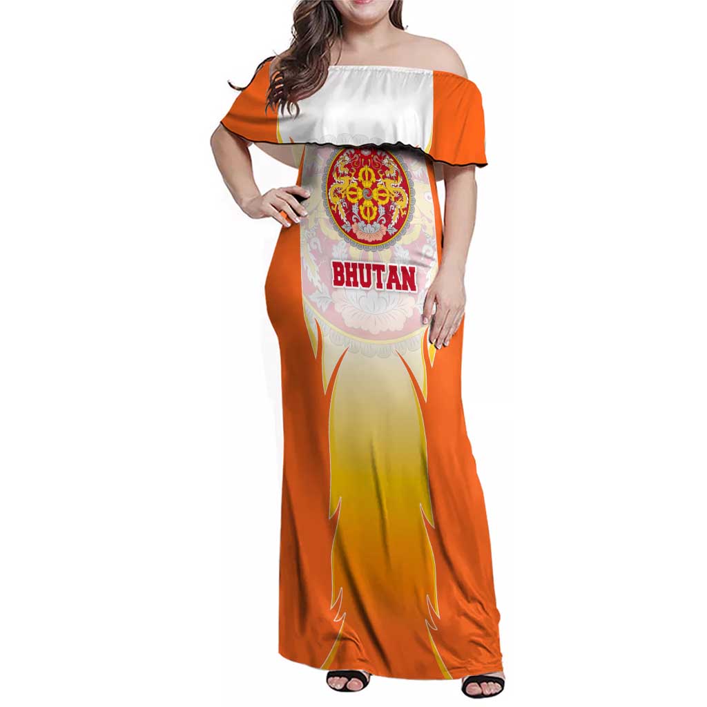 Bhutan Mandala Emblem Family Matching Off Shoulder Maxi Dress and Hawaiian Shirt with Monastic Orange and Spiritual Harmony