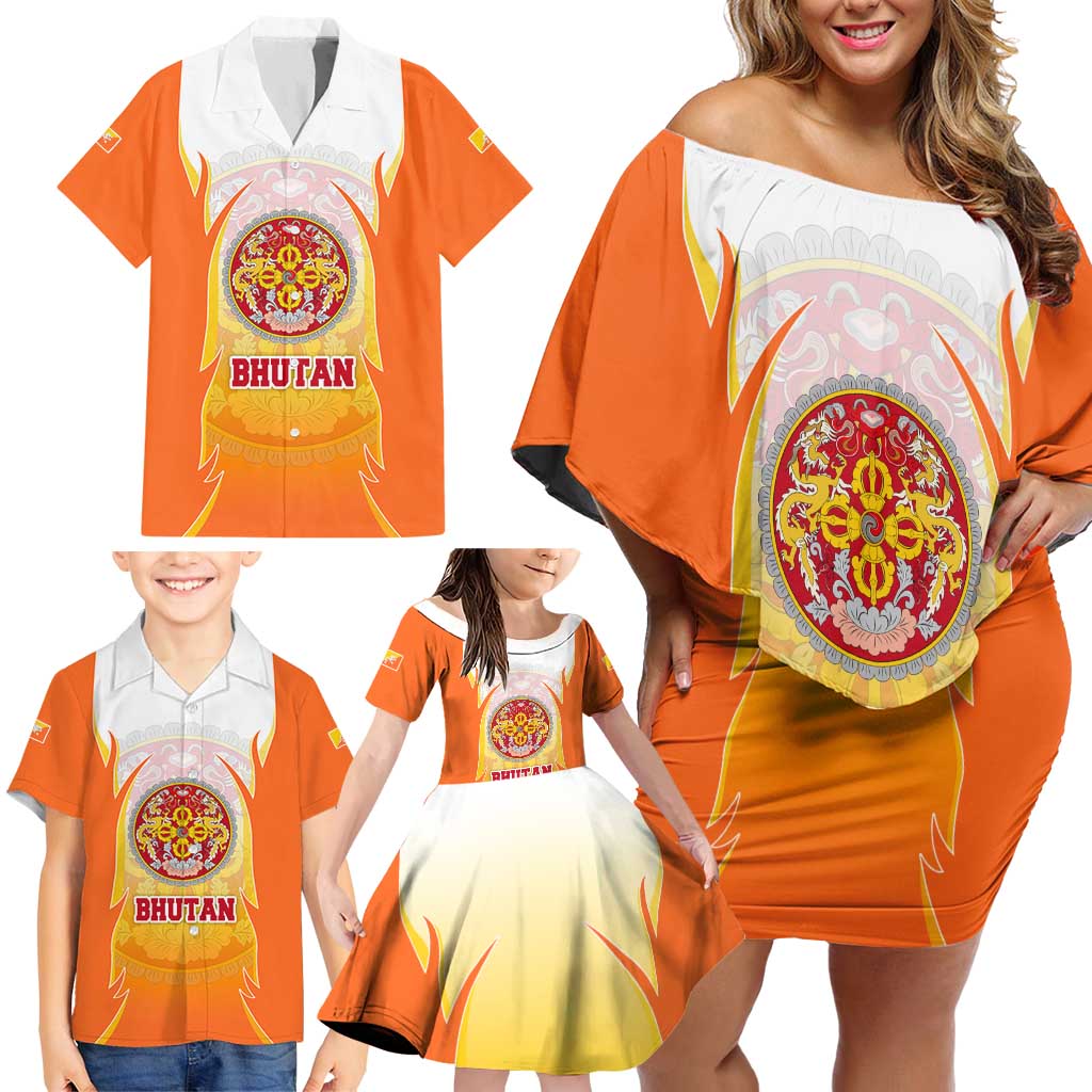 Bhutan Mandala Emblem Family Matching Off Shoulder Short Dress and Hawaiian Shirt with Monastic Orange and Spiritual Harmony