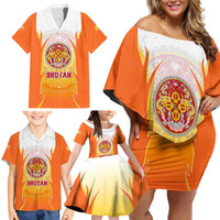 Bhutan Mandala Emblem Family Matching Off Shoulder Short Dress and Hawaiian Shirt with Monastic Orange and Spiritual Harmony
