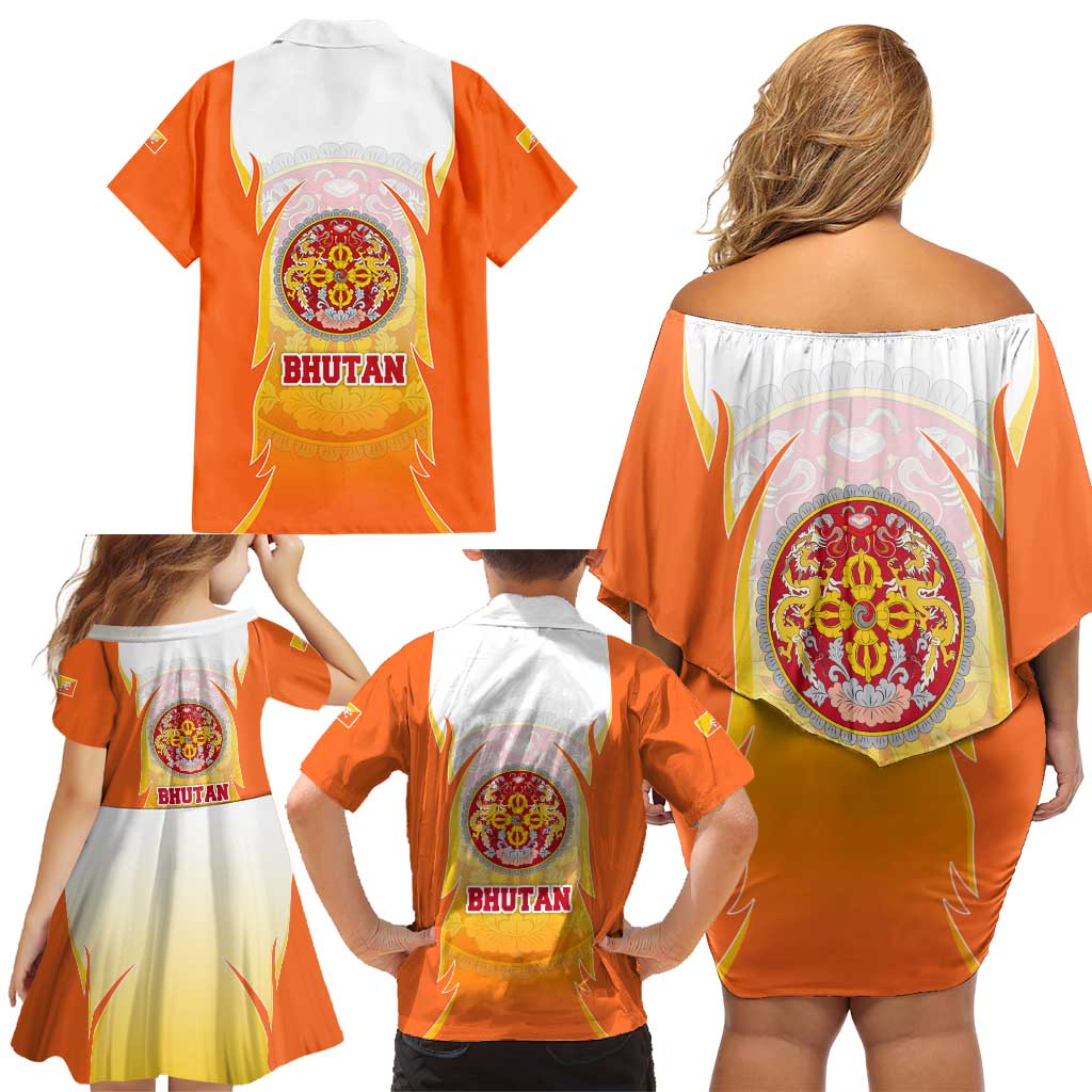 Bhutan Mandala Emblem Family Matching Off Shoulder Short Dress and Hawaiian Shirt with Monastic Orange and Spiritual Harmony
